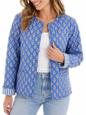 JAPNA Quilted Cotton Floral Jacket Blue Small Block Print Hook Front Cottagecore